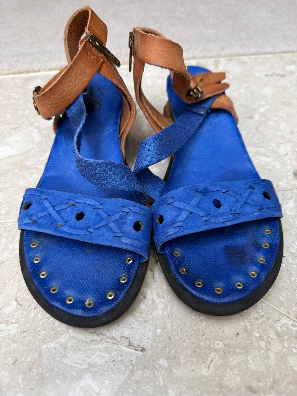 A.S.98 Blue Gladiator Strappy Ankle Buckle Zippered Wedge Sandals Studs Sz 40